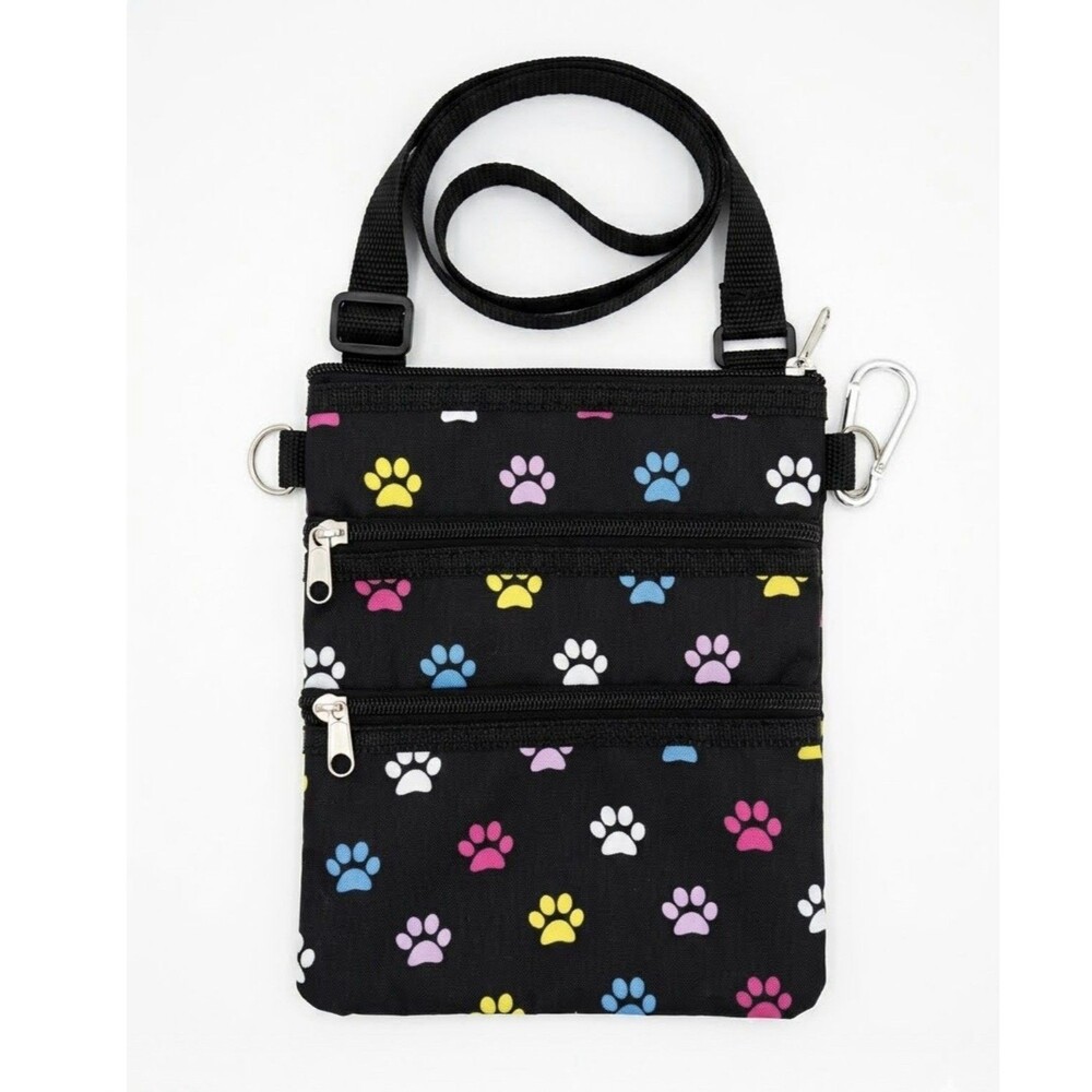 Crossbody Travel Bag Black Colorful Paw Print 3 Zip Organizer Adjustable Strap